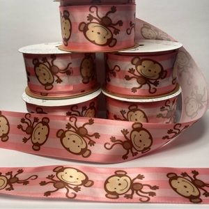 Offray Playful Dancing Monkey Pink Stripe Brown Kids Ribbon 10 Rolls 1.5" 9 Feet